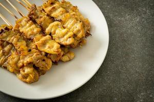 Pork satay with peanut sauce pickles which are cucumber slices and onions in vinegar photo