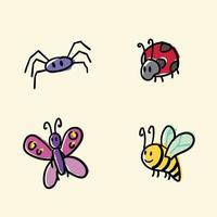 lindo paquete de ilustración de araña, mariquita, mariposa y abeja vector