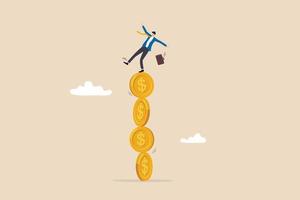 Financial instability, uncertainty or unstable investment market, risky situation or economic recession, crisis or bankruptcy concept, businessman investor falling from stack of unstable money coins. vector