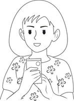 Black and white girl holding a phone, a call or a message in her hands. Vector flat illustration.