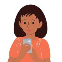 the girl is holding a phone, a call or a message in her hands. Vector flat illustration.