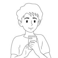 Black and white boy holding a phone, a call or a message in his hands. Vector flat illustration.