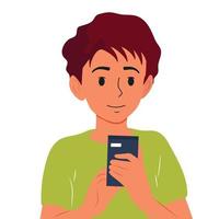 The boy is holding a phone, a call or a message in his hands. Vector flat illustration.