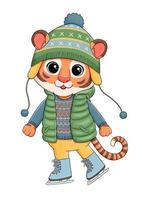 New year cute baby boy tiger in winter clothes on skates vector illustration