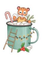 New year cute mother tiger in cup with marshmallows vector illustration