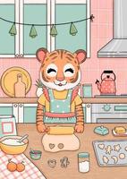 New year mother tiger cooking cookies vector illustration