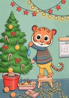 New year cute tiger decorating Christmas tree vector illustration