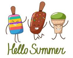 A postcard with the characters of a cheerful ice cream with the inscription hello summer. vector