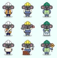 ilustración vectorial del trabajador koala, constructor, caricatura de trabajador. lindos trabajadores de ingenieros de koala, personajes de constructores aislados ilustración de dibujos animados. Ilustración vectorial sobre fondo blanco vector