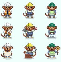 Vector illustration of Monkey worker, builder, laborer cartoon. Cute Monkey engineers workers, builders characters isolated cartoon illustration. Vector illustration on white background