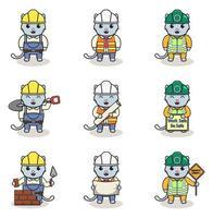 ilustración vectorial de gato trabajador, constructor, caricatura de trabajador. lindo gato ingenieros trabajadores, constructores personajes aislados ilustración de dibujos animados. Ilustración vectorial sobre fondo blanco vector