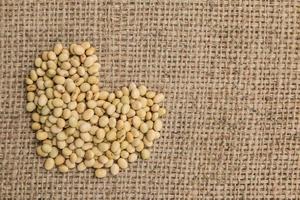 soy bean in heart shape on sack background. photo