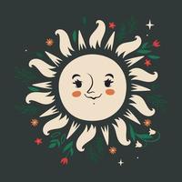 Greeting card with cute sun and flowers. Vector graphics.