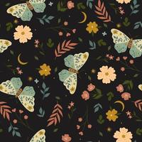 Seamless pattern with moths and leaves. Vector graphics.