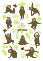 Sloth yoga. Different poses. Sloths isolated on a white background. Vector graphics.