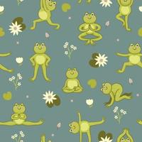 Seamless pattern with cute yoga frogs. Vector graphics.