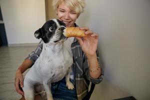 Close-up shot of black and white encouraged dog, sitting on the knees and eating croissant, posing over the blond happy woman with wide smile photo