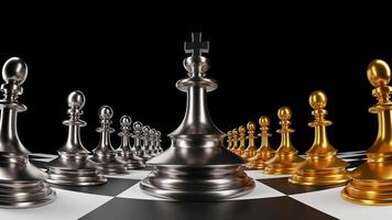 The King in battle chess game stand on chessboard with black isolated background. Concept business strategy, planning and decision.3d rendering. photo