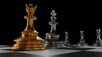 el rey en el juego de ajedrez de batalla se encuentra en el tablero de ajedrez con fondo negro aislado. concepto de estrategia empresarial, planificación y decision.3d rendering. foto