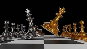 The King in battle chess game stand on chessboard with black isolated background. Concept business strategy, planning and decision.3d rendering. photo