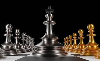 The King in battle chess game stand on chessboard with black isolated background. Concept business strategy, planning and decision.3d rendering. photo