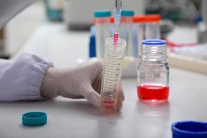 Woman scientist biochemist at the workplace makes the analysis in the modern laboratory. She is holding a dropper and a test tube photo