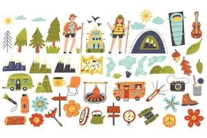 conjunto de colección de artículos y personajes de campamento de senderismo