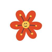 Retro smiling character face red flower doodle vector