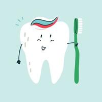 Cute funny character white tooth with toothpaste and a toothbrush vector