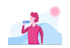 hombre agua potable deshidratación corriendo concepto de ilustración plana vector