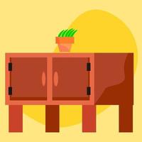 brown bedside desk with tow drawers and plants in pots vector