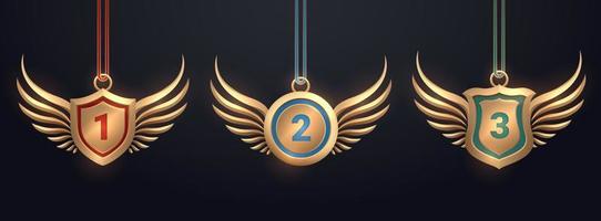 Golden badge collection with gold wings vector