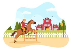 ilustración de dibujos animados de carreras de caballos con personajes que hacen campeonatos deportivos de competición o deportes ecuestres en el hipódromo vector