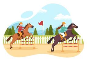 ilustración de dibujos animados de carreras de caballos con personajes que hacen campeonatos deportivos de competición o deportes ecuestres en el hipódromo vector