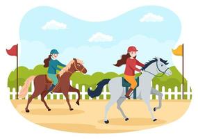 ilustración de dibujos animados de carreras de caballos con personajes que hacen campeonatos deportivos de competición o deportes ecuestres en el hipódromo
