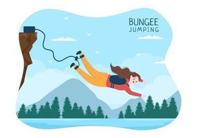 Bungee Jumping of People Tied with Elastic Rope Falling Down After Jump From a Height in Flat Cartoon Extreme Sport Vector Illustration