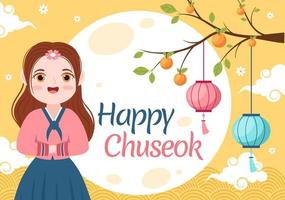 Happy Chuseok Day in Korea for Thanksgiving with People in Traditional Hanbok, Full Moon and Sky Landscape in Flat Cartoon Illustration vector