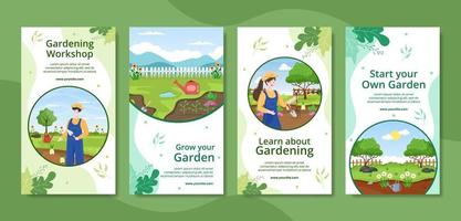 Gardening Social Media Stories Template Flat Cartoon Background Vector Illustration