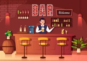 bar o pub por la noche con botellas de bebidas alcohólicas, barman, mesa, interior y sillas en una habitación interior con ilustraciones planas de dibujos animados
