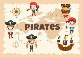 ilustración de personaje de caricatura pirata con mapa del tesoro, rueda de madera, cofres, loro, pirata, barco, bandera y jolly roger en estilo de icono plano
