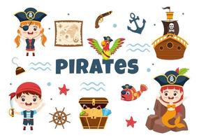 ilustración de personaje de caricatura pirata con mapa del tesoro, rueda de madera, cofres, loro, pirata, barco, bandera y jolly roger en estilo de icono plano