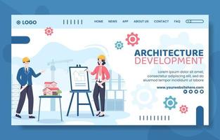 Architect or Engineer Social Media Landing Page Template Flat Cartoon Background Vector Illustration