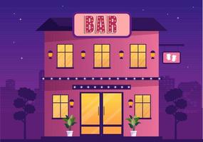 Bar or Pub Building with View at Night of Cafe Exterior in Flat Cartoon Illustration