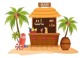 bar tropical o pub en la playa con botellas de bebidas alcohólicas, barman, mesa, interior y sillas junto al mar en una caricatura plana vector