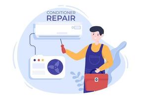 Air Conditioner Repair or Installation Illustration with Unit Breakdown, Maintenance Service, Cooling System in Flat Style Cartoon Concept