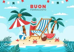 buon ferragosto festival de verano italiano en ilustración de dibujos animados de playa en día festivo celebrado el 15 de agosto en diseño de estilo plano vector