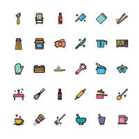 Outline color icons about kitchen and dining. Contains such icons as chopper, knife, mixer, mortar, saucepan, peeler. Vector illustration.