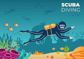 buceo con equipo de natación subacuático para explorar arrecifes de coral, flora y fauna marina o peces en el océano en ilustraciones planas de vectores de dibujos animados