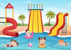 parque acuático con piscina, diversión, tobogán, palmeras y los niños nadan para divertirse y jugar al aire libre en dibujos animados planos vector