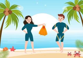 Scuba Diving with Underwater Swimming Equipment for Exploring Coral Reef, Sea Flora and Fauna or Fish in the Ocean in Flat Cartoon Vector Illustration